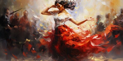 A bailaora dancer passionately performs a Spanish flamenco dance. Wide format. - obrazy, fototapety, plakaty