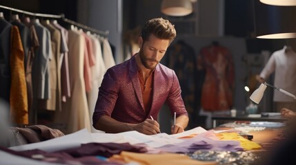 Portrait of a male fashion designer in a vibrant fashion studio sketching elegant designs