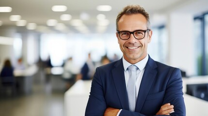 Portrait of a male financial advisor in a bustling financial consultancy offering tailored financial advice