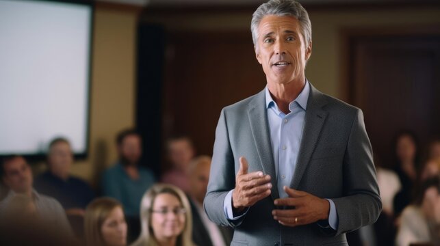 Portrait of a male financial advisor at a retirement planning seminar sharing valuable insights on investment strategies