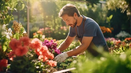 Portrait of a male gardener in a lush botanical garden tending to vibrant flower beds