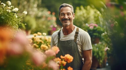 Naklejka na ściany i meble Portrait of a male gardener in a lush botanical garden tending to vibrant flower beds
