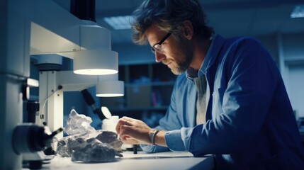 Portrait of a male geologist in a geology lab analyzing rock samples - obrazy, fototapety, plakaty