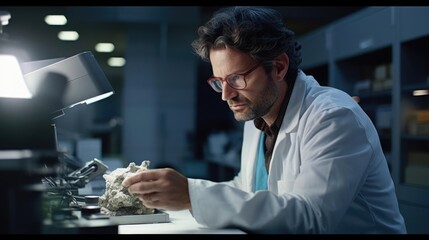 Portrait of a male geologist in a geology lab analyzing rock samples