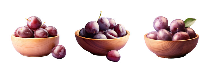 Fototapeta na wymiar Ripe plums in a black wooden bowl transparent background