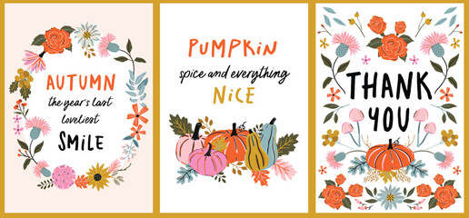 Autumn poster set with colorful leaves and floral, pumpkin elements in abstract bright colors. Template for  greetings cards art prints, flyers, banners, invitations, promotions and more. © sudevi