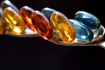 Close-up image of a spoon with oil capsules containing fish oil, vitamins A, D, D3, E, and omegas 3, 6, and 9. Generative AI - obrazy, fototapety, plakaty
