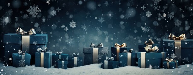 Luxury gift box present and christmas ornaments in snow falling.happy new year and celebration festival, banner ads.