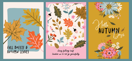 Template and composition for Autumn Posters, banners, flyers, wall art prints, greeting card and social media. Set of autumn illustrations with maple leaves, flowers and positive quotes. 