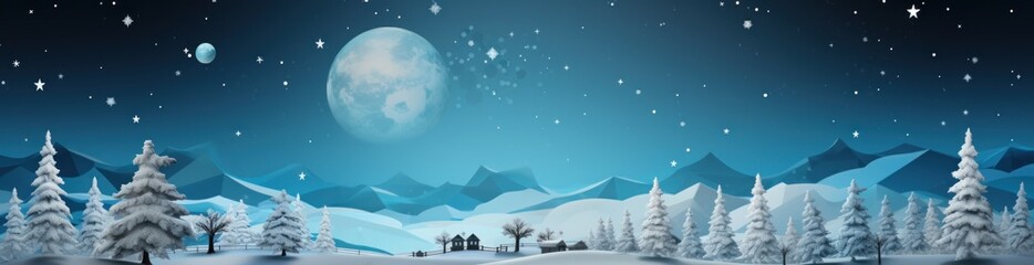 Blue Christmas banner with snowy moonlight view of pine trees, mountains, and charming lit-up houses. Magical and enchanting. AI generative