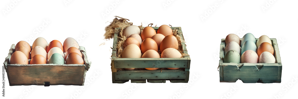 Poster eggs in wooden box on rustic table with space for text transparent background