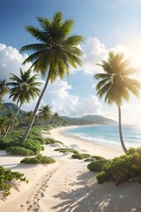 Fototapeta na wymiar palm trees on the beach, beach, coconut trees, beautiful view, sky, sun 