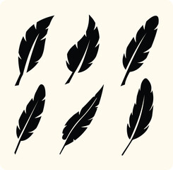 Flat black feathers, vintage bird plumage elements. Smooth graphic shapes. Set of Bird Feather. Pen icon. Bird Feather silhouettes for stencil, a tatto. Plumelet collection. Vector isolated on white.
