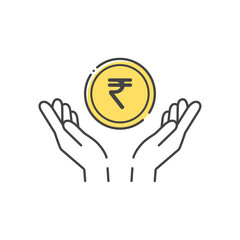Obraz premium ₹の文字が入ったシンプルなコインと人の手のアイコン - インドのお金･ルピー･Indian Rupee 