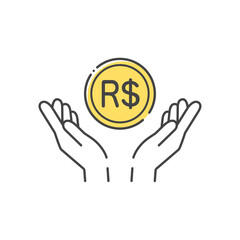 Fototapeta na wymiar R$の記号入りのコインと人の手のアイコン- ブラジルのお金･レアルのイメージ 