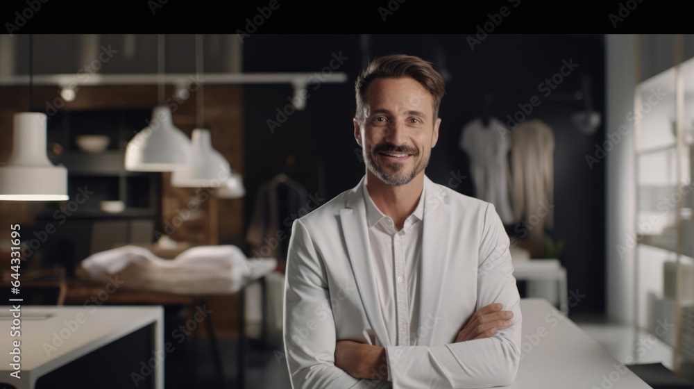 Poster portrait of a male interior designer in a stylish design studio transforming spaces into havens of e