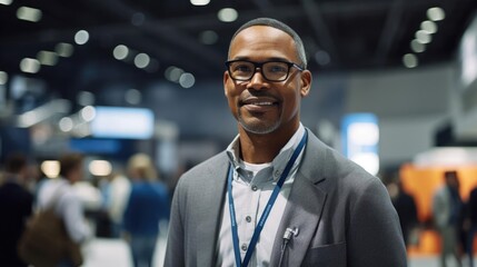 Fototapeta premium Portrait of a male industrial engineer at a supply chain conference presenting strategies for process improvement