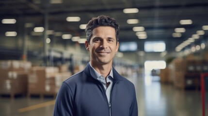Fototapeta premium Portrait of a male industrial engineer at a supply chain conference presenting strategies for process improvement