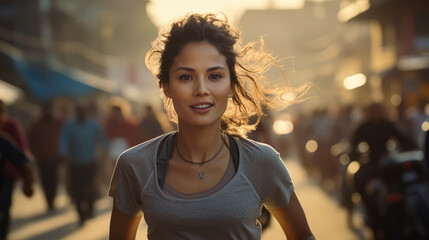 Asian marathon runner is running in the morning sunrise at Nepal.