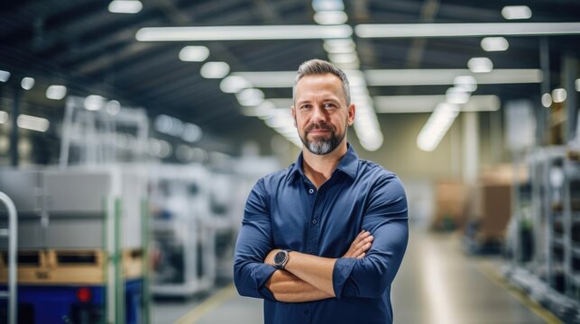 Portrait of a male industrial engineer in a bustling manufacturing plant optimizing production processes