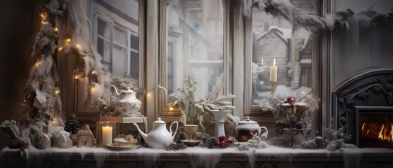 Fototapeta na wymiar Festive holiday scene fireplace, cozy winter christmas day and happy new year, generative ai