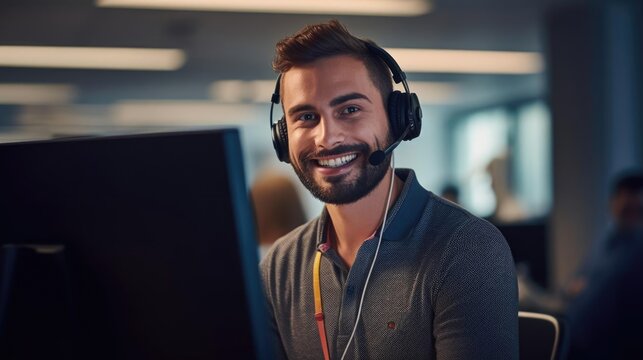 Portrait of a male IT support specialist at a helpdesk patiently guiding users through technology challenges