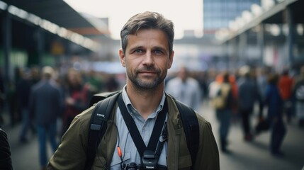 Portrait of a male journalist in the field reporting from the front lines of global events