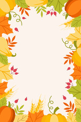 Autumn vertical frame with autumn vegetables and leaves. Flat style