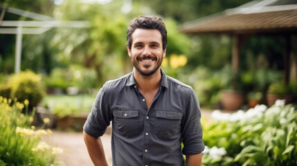 Portrait of a male landscape architect in a serene botanical garden designing harmonious outdoor spaces
