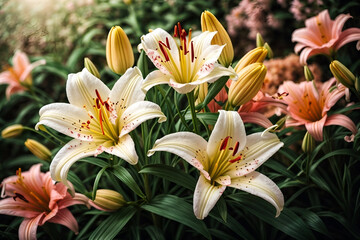 Fototapeta premium beautiful lily in the garden at sunset, Generative AI