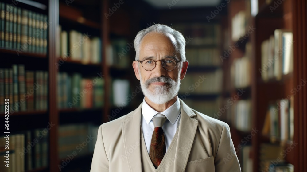 Poster portrait of a male librarian in a tranquil library curating a world of knowledge with dedication gui