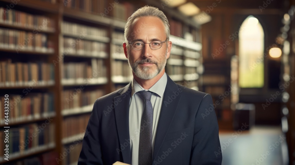 Poster portrait of a male librarian in a tranquil library curating a world of knowledge with dedication gui