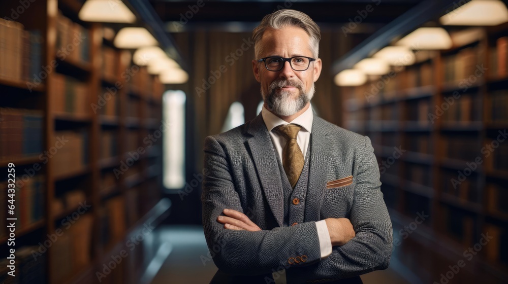 Poster portrait of a male librarian in a tranquil library curating a world of knowledge with dedication gui