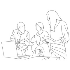 Vector business meeting discussion between workers in office room cartoon Line art