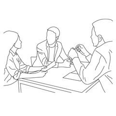 Fototapeta na wymiar Business meeting discussion between workers in a table cartoon line art