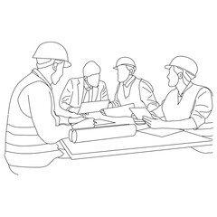Line art of architect-engineer discusses construction project in a meeting room
