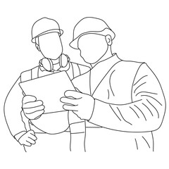 Line art of architect-engineer discusses construction project