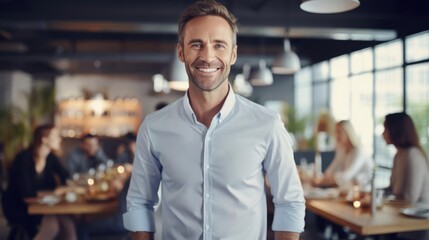 Obraz premium Portrait of a male marketing manager in a bustling marketing agency strategically orchestrating campaigns