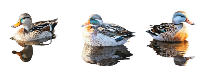 Male duck in water with November frost reflecting in plumage transparent background