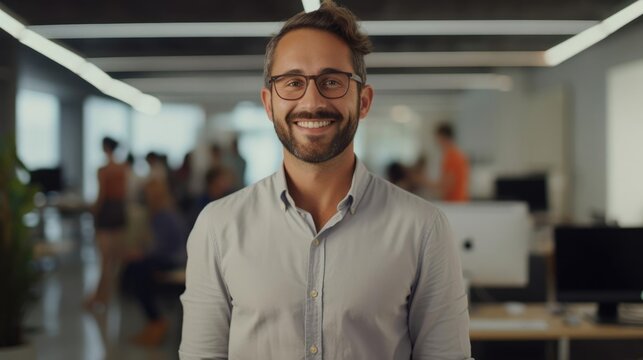 Portrait of a male marketing manager in a bustling marketing agency strategically orchestrating campaigns