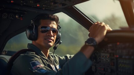 Portrait of a male pilot in his pilot's uniform meticulously preparing for takeoff