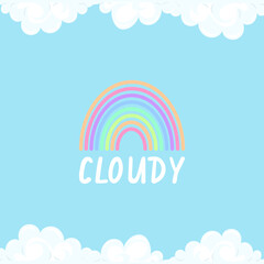Background cartoon rainbow between the clouds. The blue sky is framed by white clouds. Vector childrens pattern.