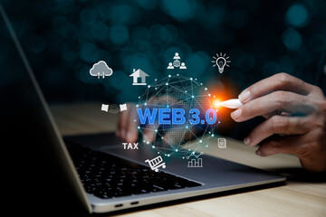 Web3.0 concept. man working using laptop web 3.0 with globe on Futuristic virtual screen interface Technology. network connection Wireless devices around the world Information technology essential.