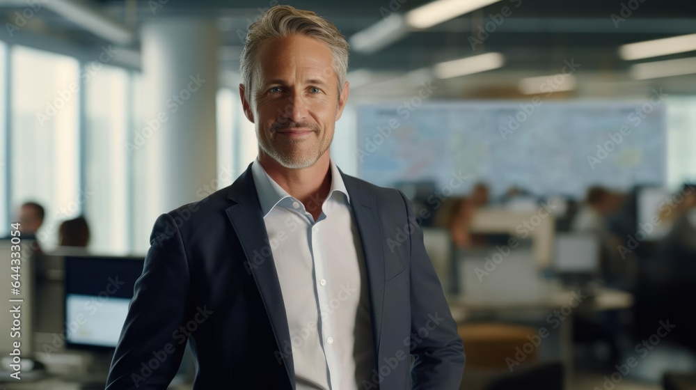 Poster portrait of a male project manager in a dynamic project management office orchestrating complex proj