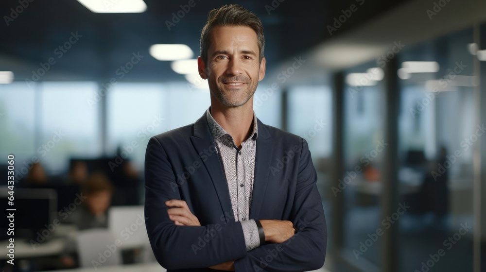 Poster portrait of a male project manager in a dynamic project management office orchestrating complex proj