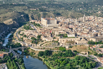 Fototapeta na wymiar Aerial image taken from a hot air balloon of the eastern part of the old town of the city of Toledo from the north face