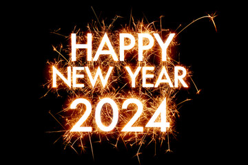 Happy New Year 2024 greeting in sparkler effect on black background