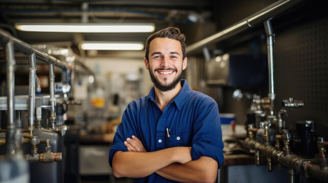 Portrait of a male plumber at a busy plumbing company fearlessly tackling plumbing challenges