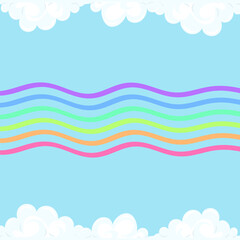 Background cartoon rainbow between the clouds. The blue sky is framed by white clouds. Vector childrens pattern.