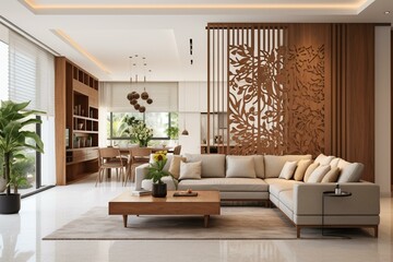 A contemporary living space adorned with stylish wooden accents, neutral partitions, and ornamental botanicals. Generative AI